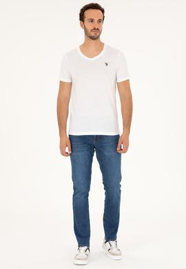 Erkek Slim Fit V Yaka Beyaz Basic Tişört - 50279574001