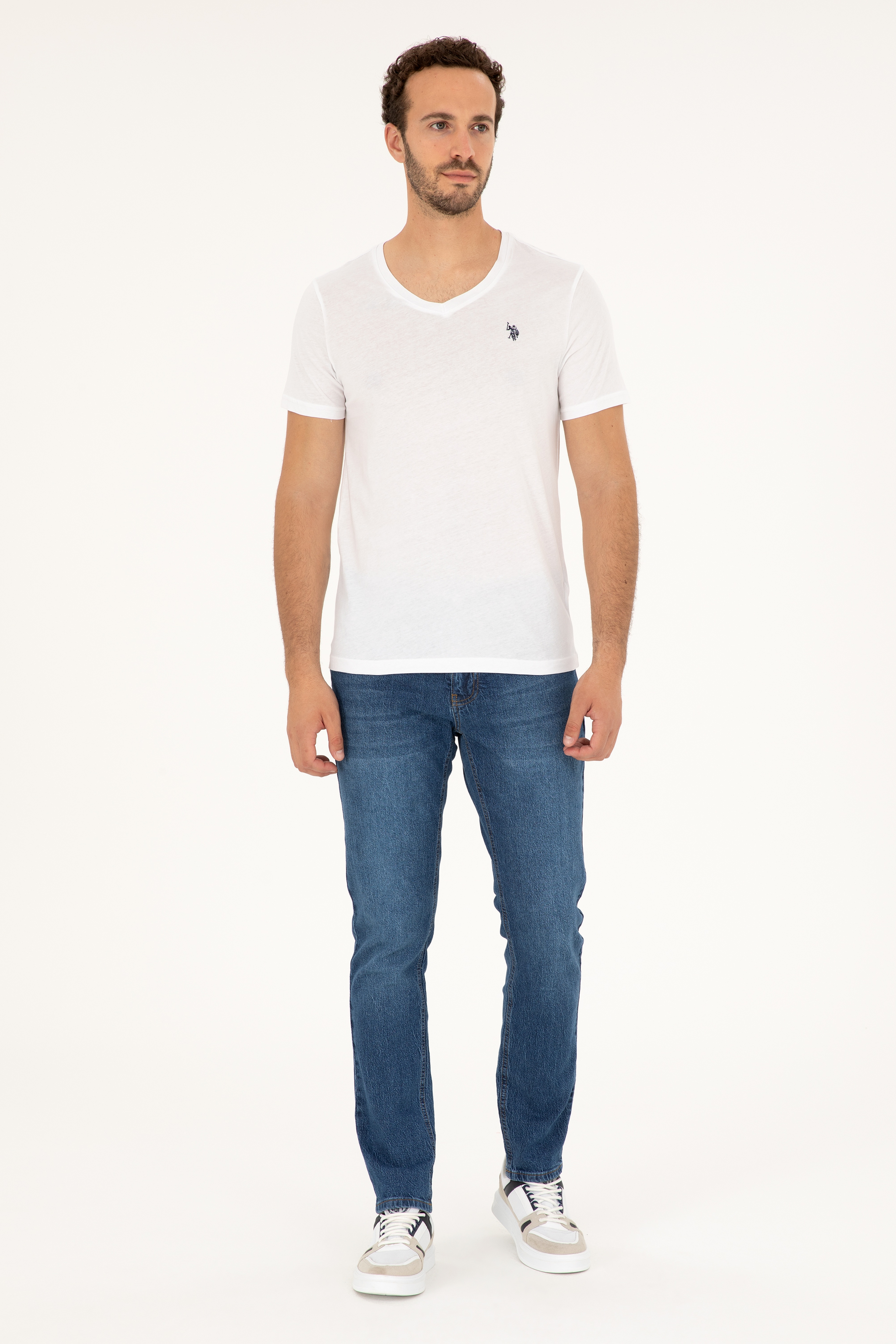 Erkek Slim Fit V Yaka Beyaz Basic Tişört