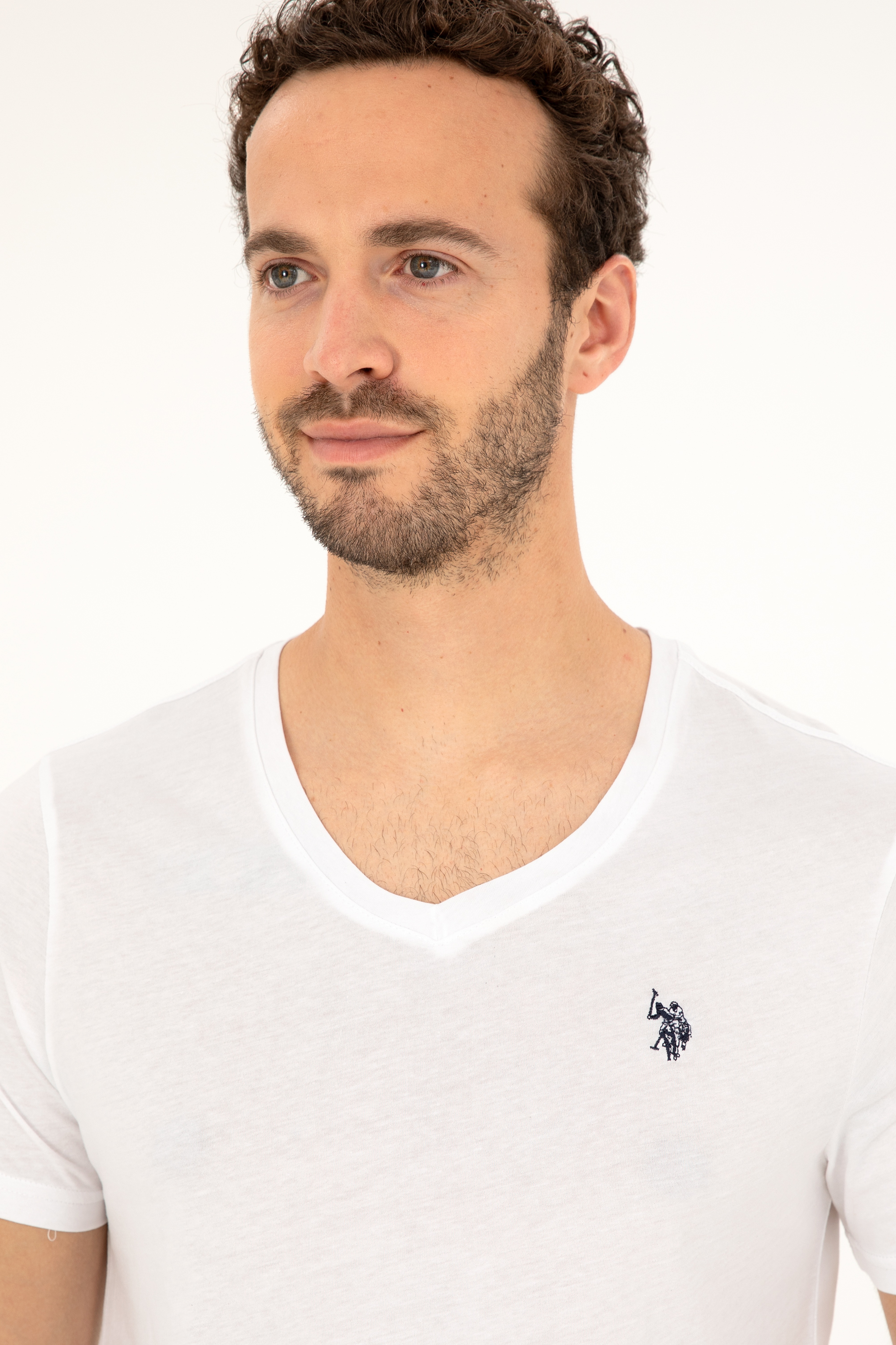 Erkek Slim Fit V Yaka Beyaz Basic Tişört