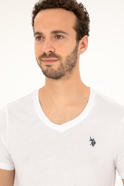 Erkek Slim Fit V Yaka Beyaz Basic Tişört