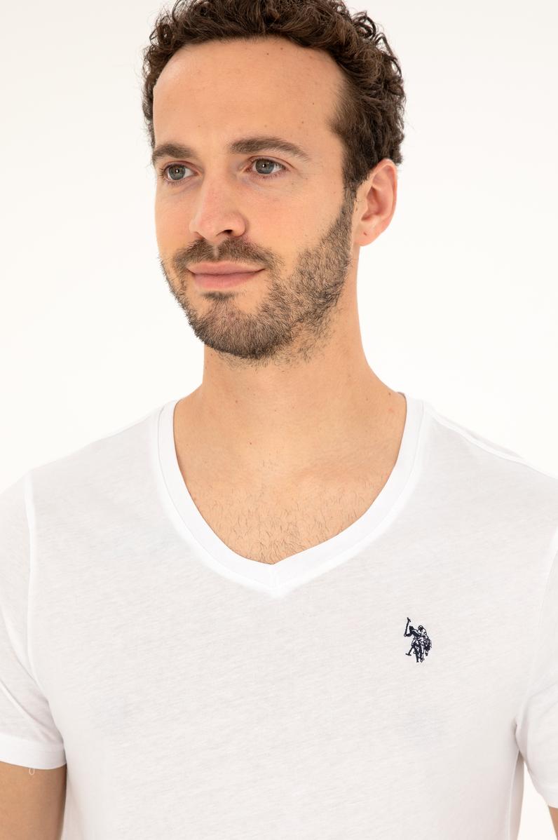 Erkek Slim Fit V Yaka Beyaz Basic Tişört