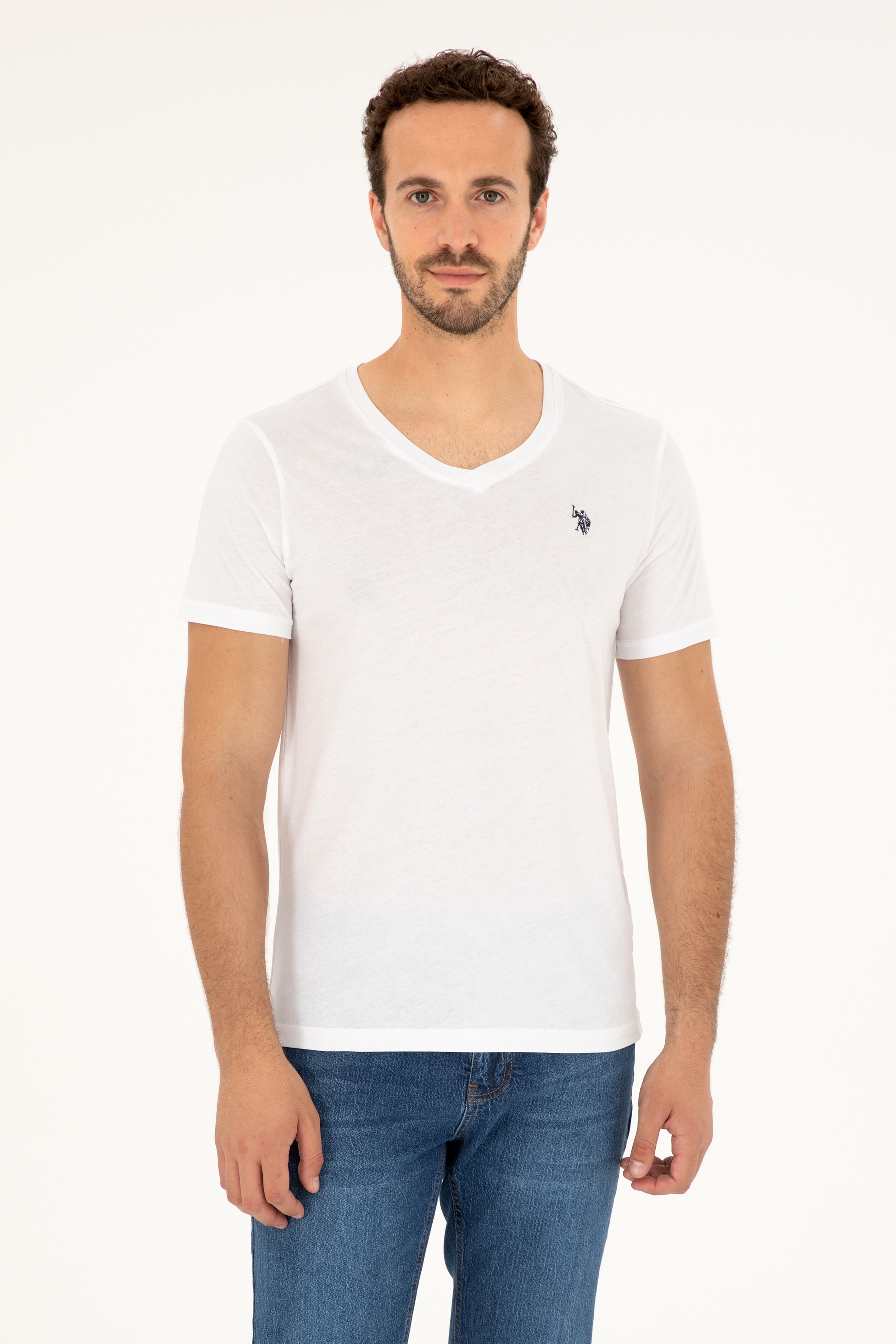 Erkek Slim Fit V Yaka Beyaz Basic Tişört - Image 1