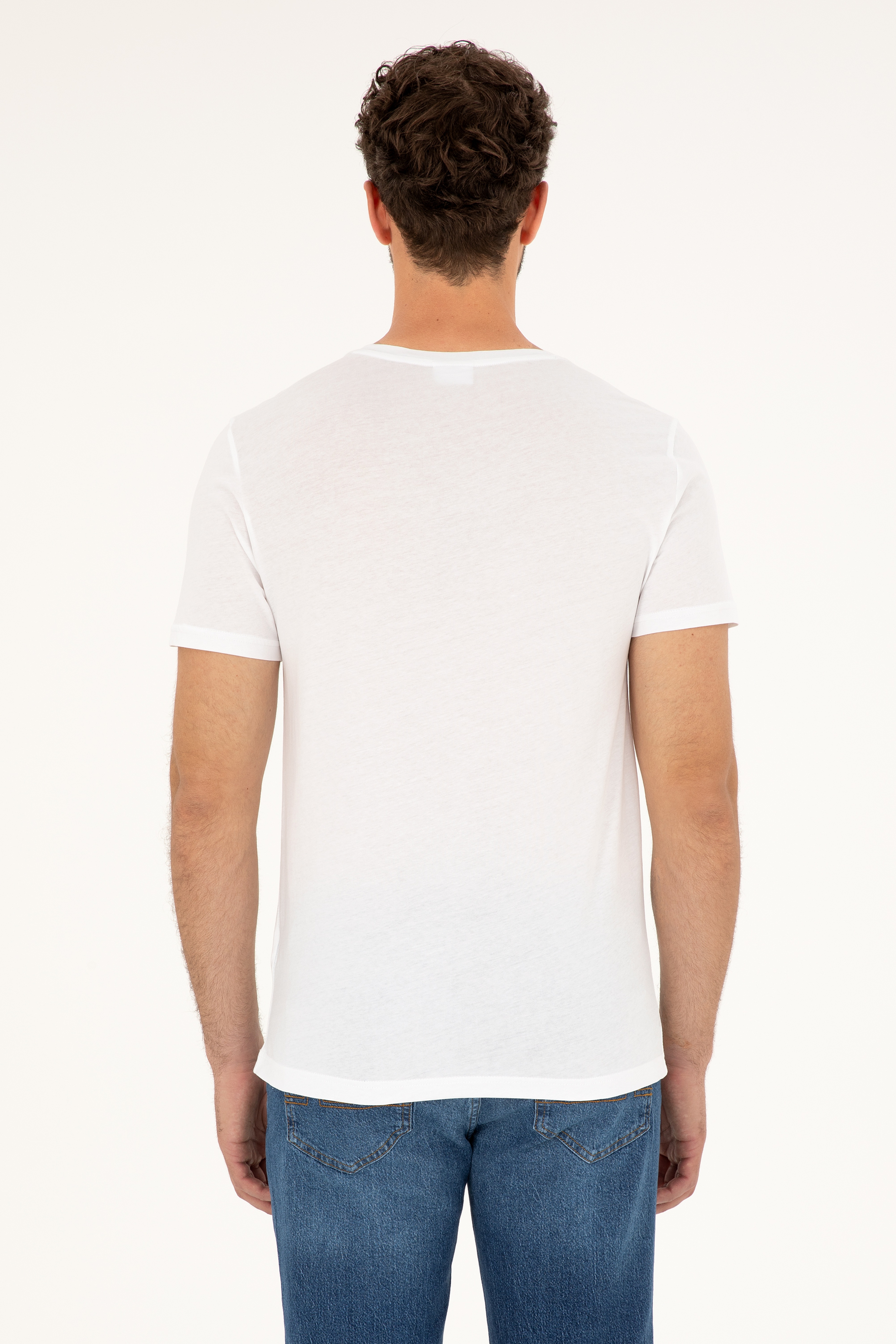 Erkek Slim Fit V Yaka Beyaz Basic Tişört