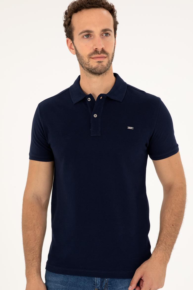 Erkek Slim Fit Polo Yaka Lacivert Basic Tişört - 50279610016