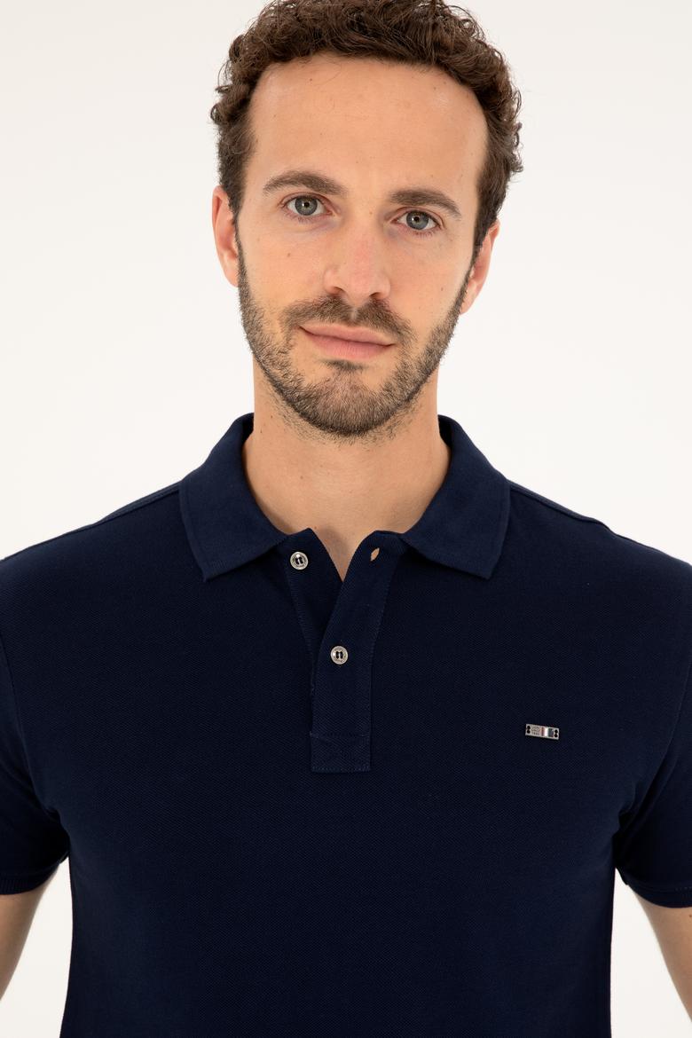 Erkek Slim Fit Polo Yaka Lacivert Basic Tişört - 50279610016