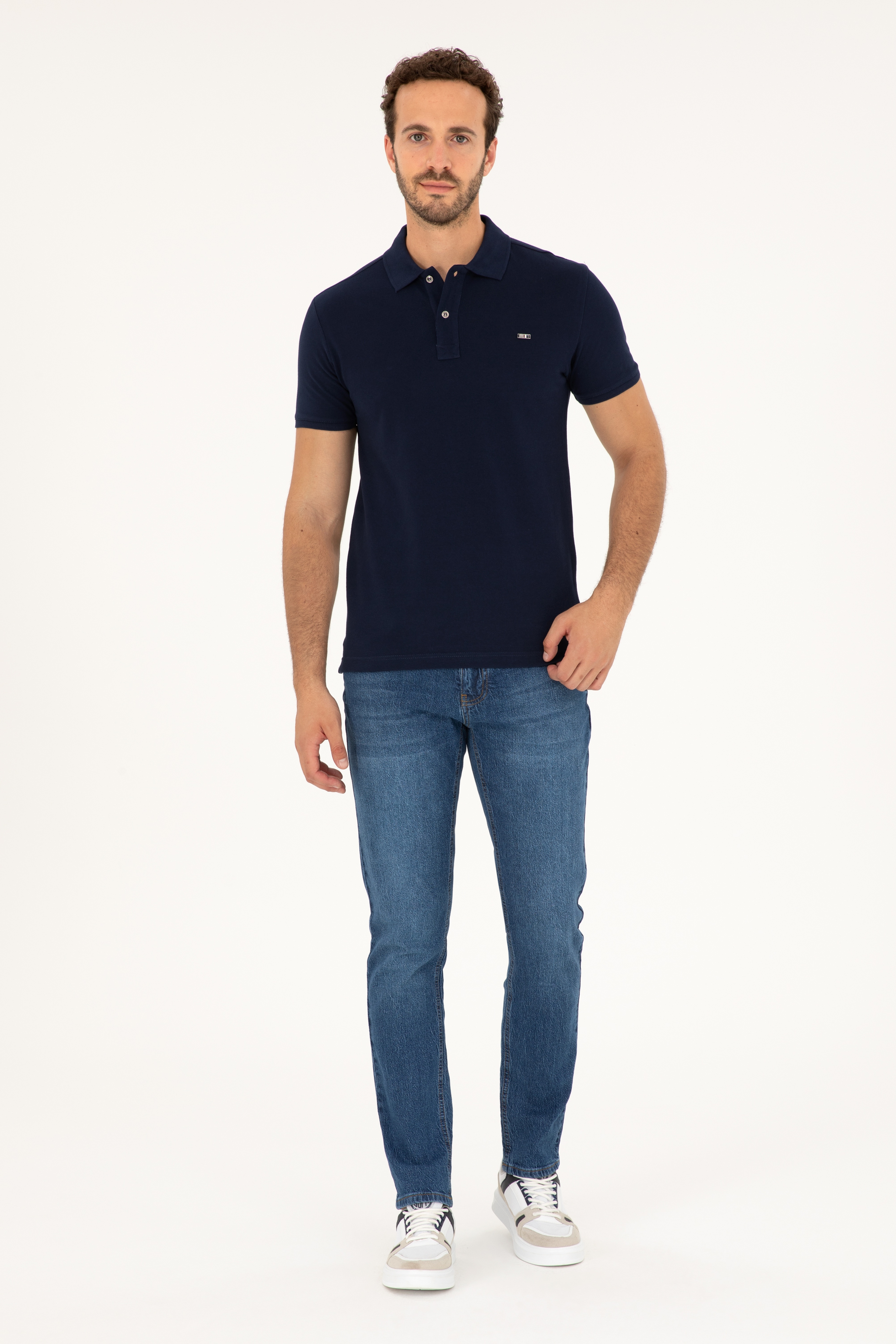 Erkek Slim Fit Polo Yaka Lacivert Basic Tişört - Image 4