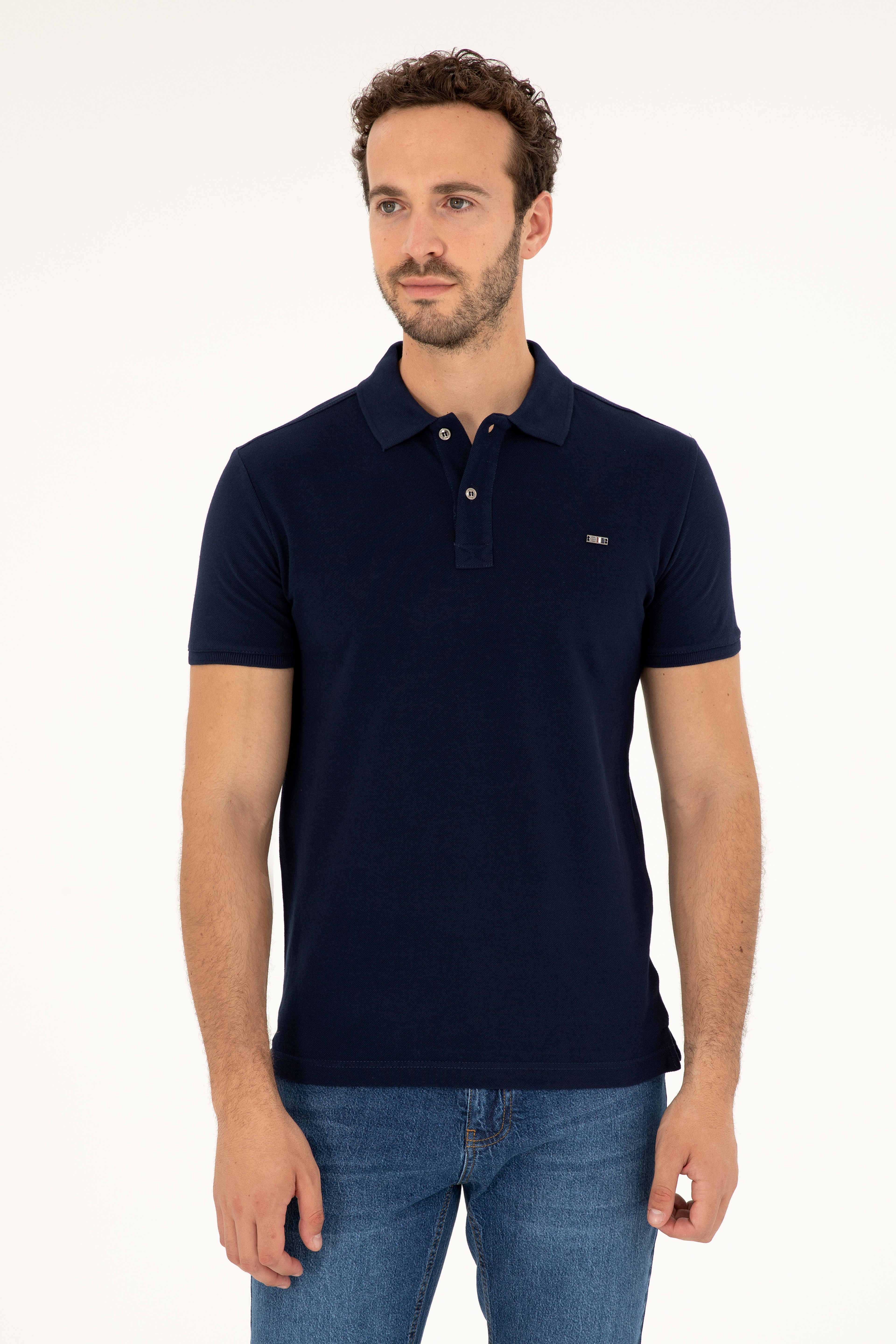 Erkek Slim Fit Polo Yaka Lacivert Basic Tişört - Image 1