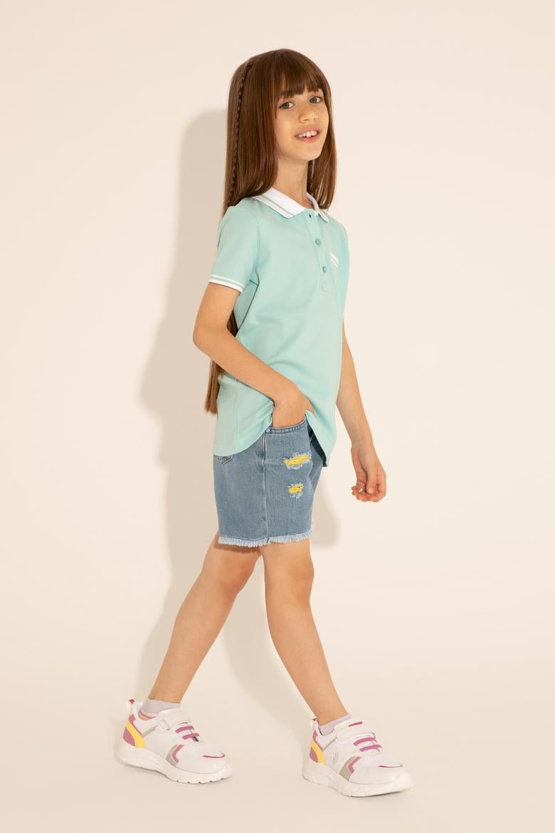 Kız Çocuk Su Yeşili Polo Yaka Tişört - 50288680038