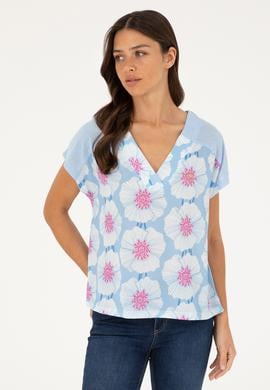 Kadın Açık Mavi Desenli V Yaka Tişört - 50281805009