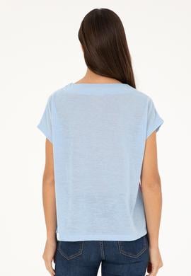 Kadın Açık Mavi Desenli V Yaka Tişört - 50281805009