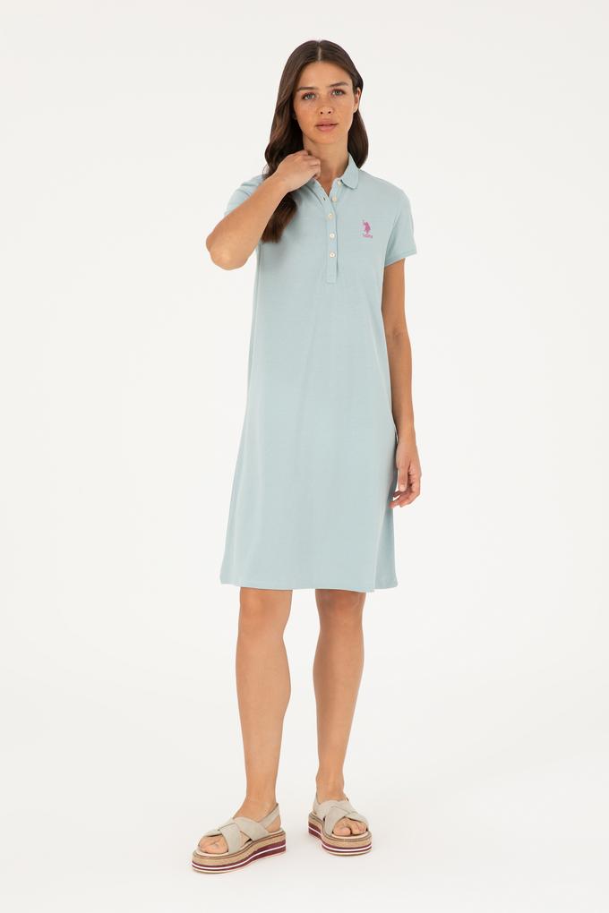 Kadın Su Yeşili Polo Yaka Mini Boy Örme Elbise