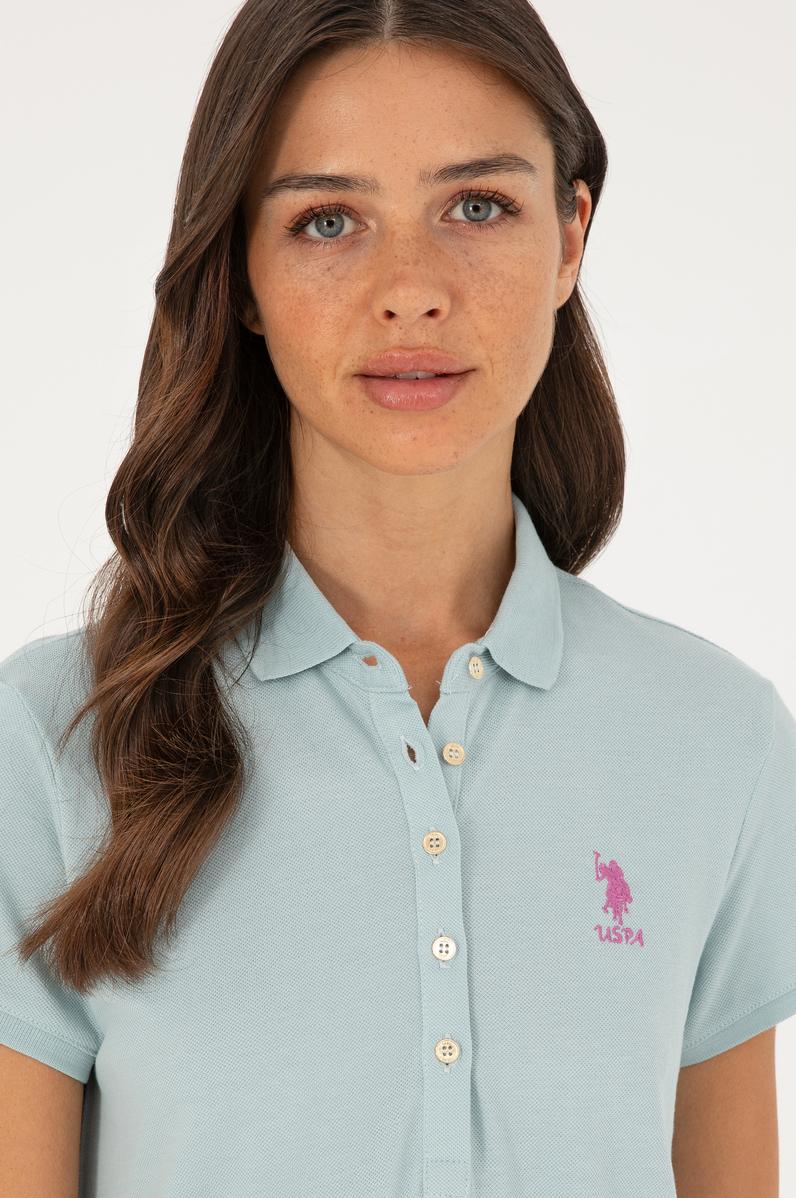 Kadın Su Yeşili Polo Yaka Mini Boy Örme Elbise