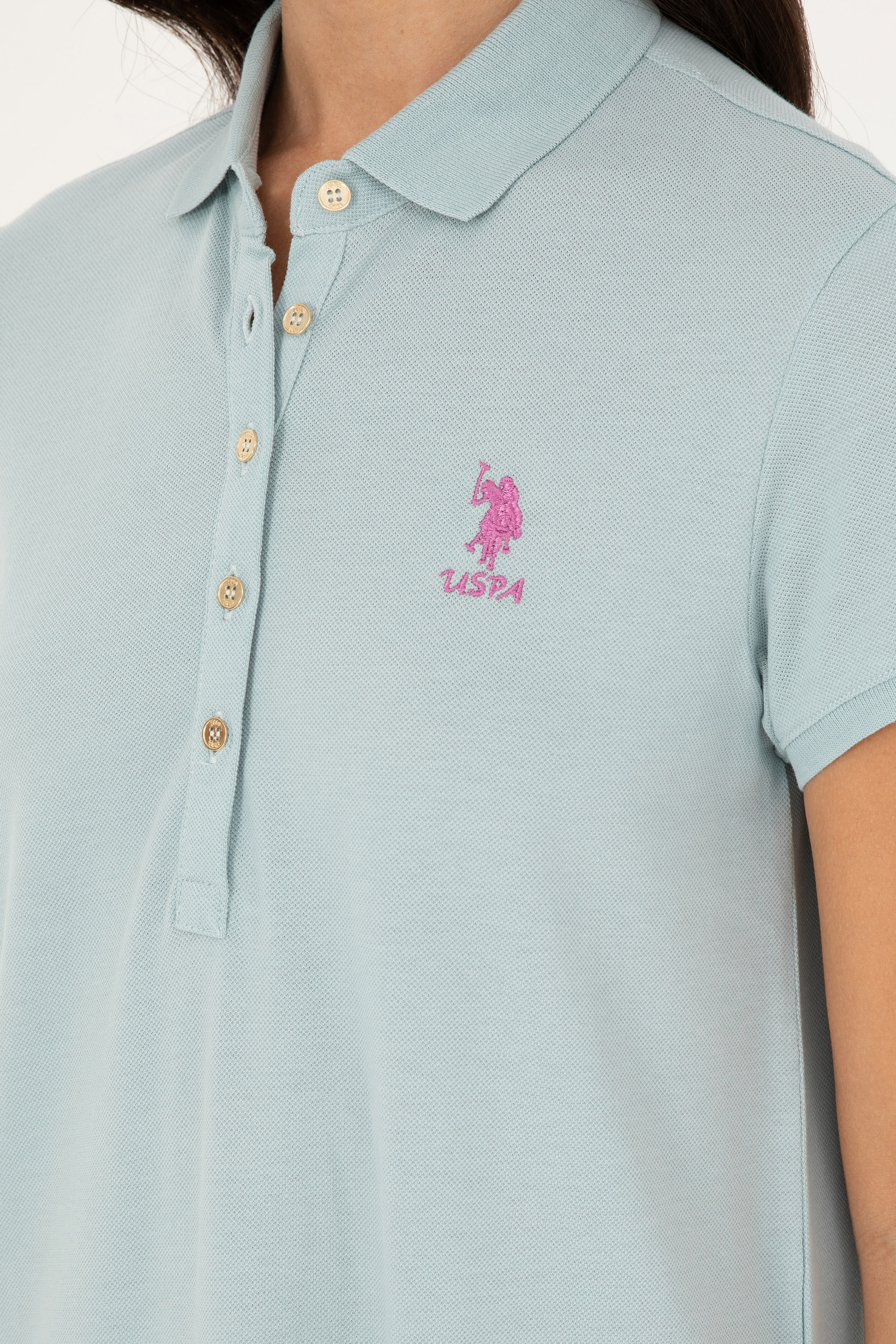 Kadın Su Yeşili Polo Yaka Mini Boy Örme Elbise - Image 6