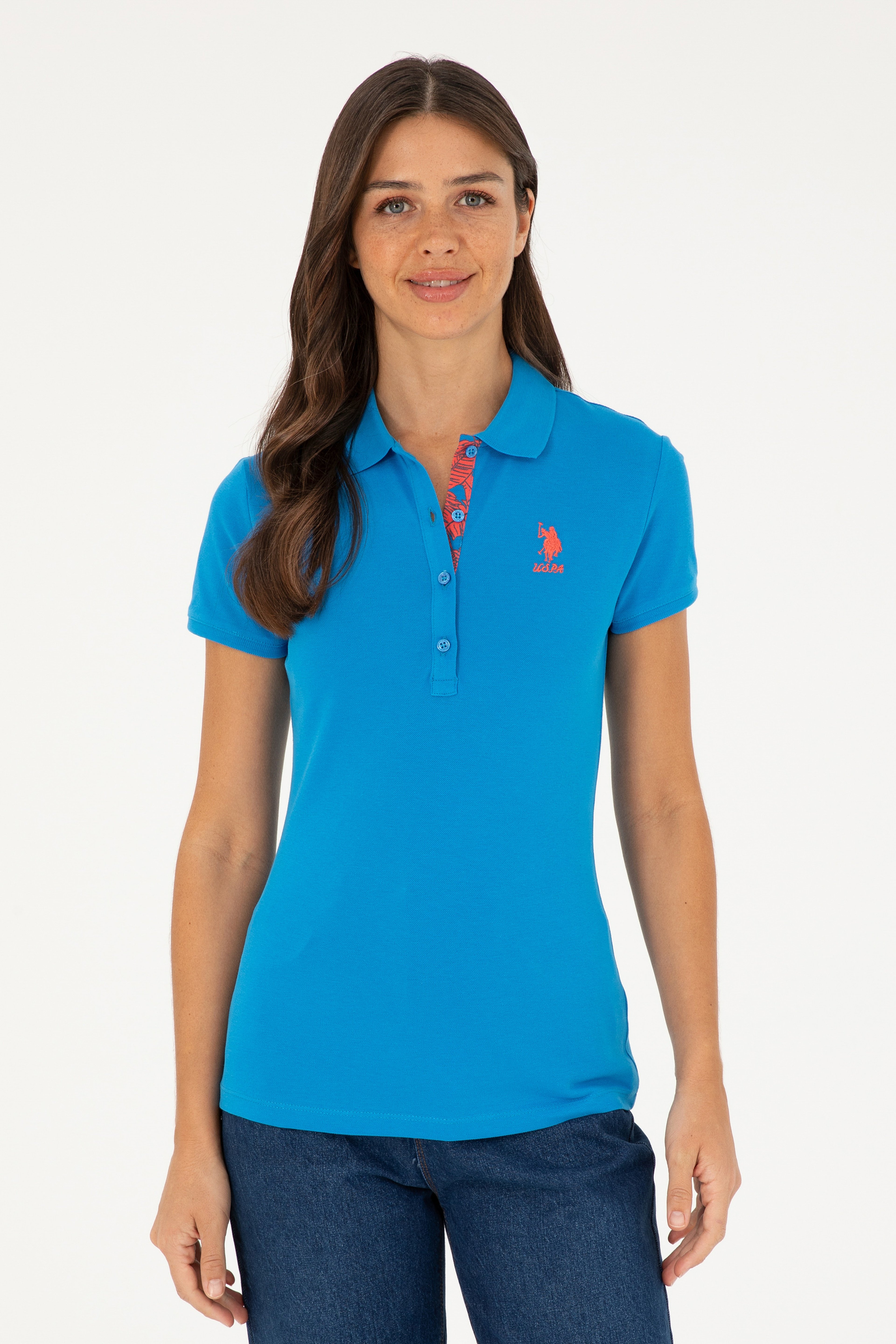 Kadın Saks Basic Polo Yaka Tişört - Image 1