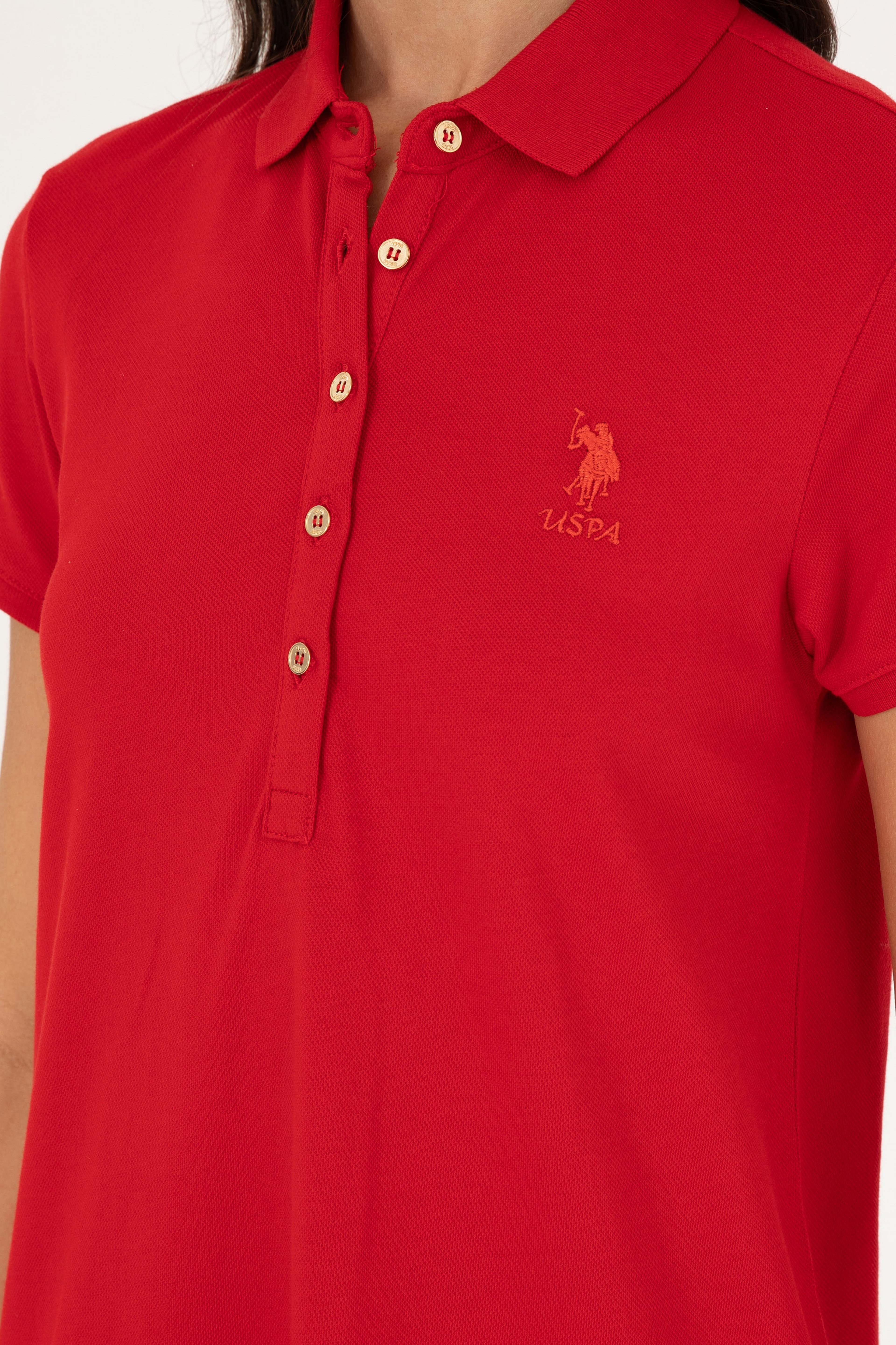 Kadın Kırmızı Polo Yaka Mini Boy Örme Elbise - Image 6