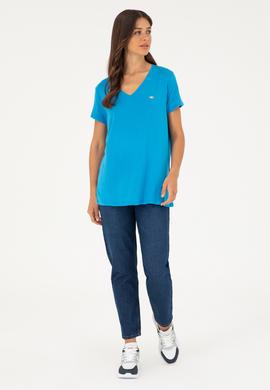 Kadın Saks V Yaka Basic Tişört - 50280019028