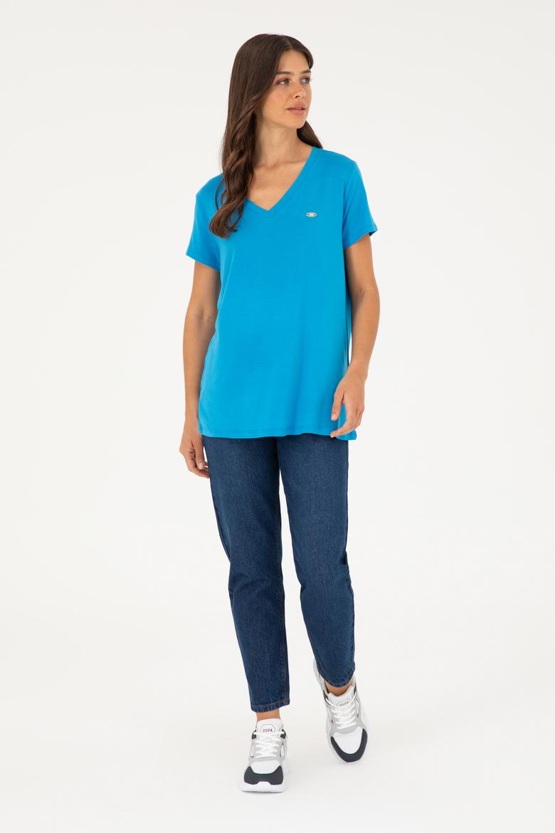 Kadın Saks V Yaka Basic Tişört - 50280019028