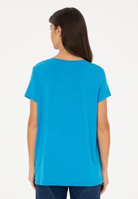 Kadın Saks V Yaka Basic Tişört - 50280019028