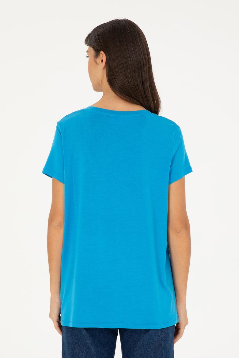 Kadın Saks V Yaka Basic Tişört - 50280019028