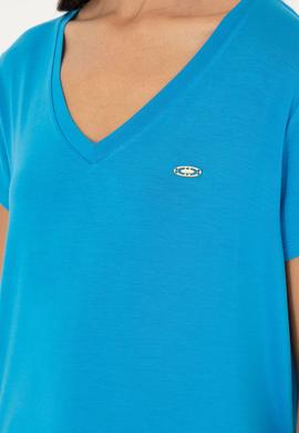 Kadın Saks V Yaka Basic Tişört - 50280019028