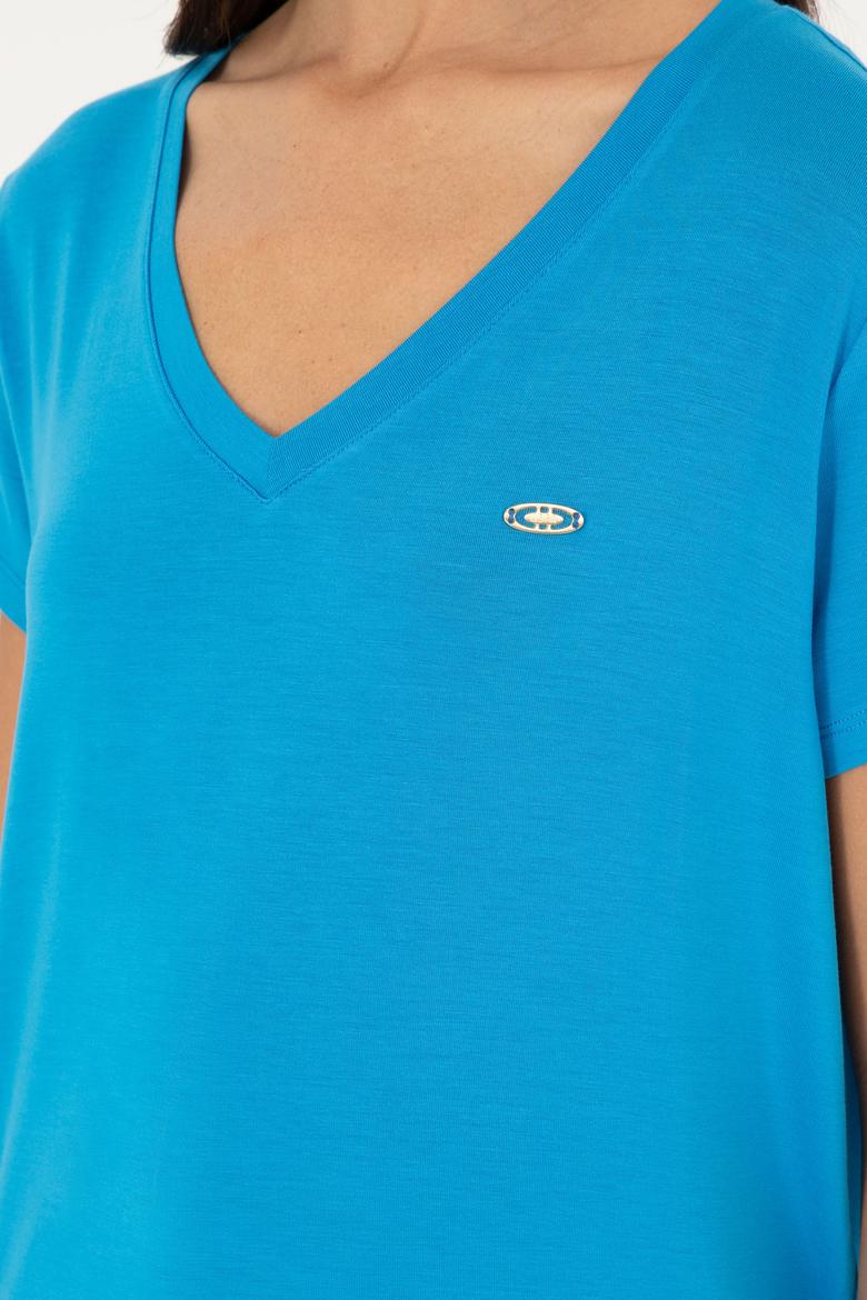 Kadın Saks V Yaka Basic Tişört - 50280019028