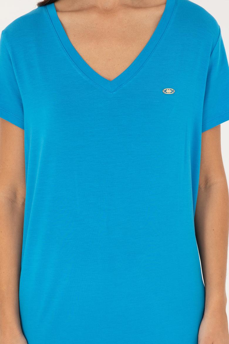 Kadın Saks V Yaka Basic Tişört - 50280019028