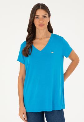 Kadın Saks V Yaka Basic Tişört - 50280019028