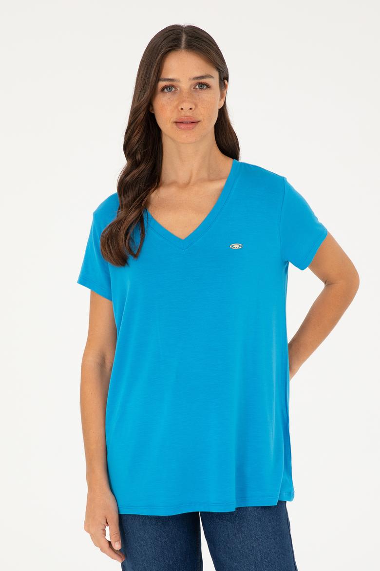 Kadın Saks V Yaka Basic Tişört