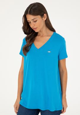 Kadın Saks V Yaka Basic Tişört - 50280019028