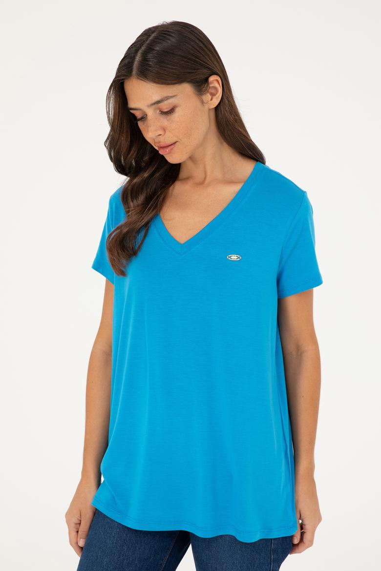 Kadın Saks V Yaka Basic Tişört - 50280019028