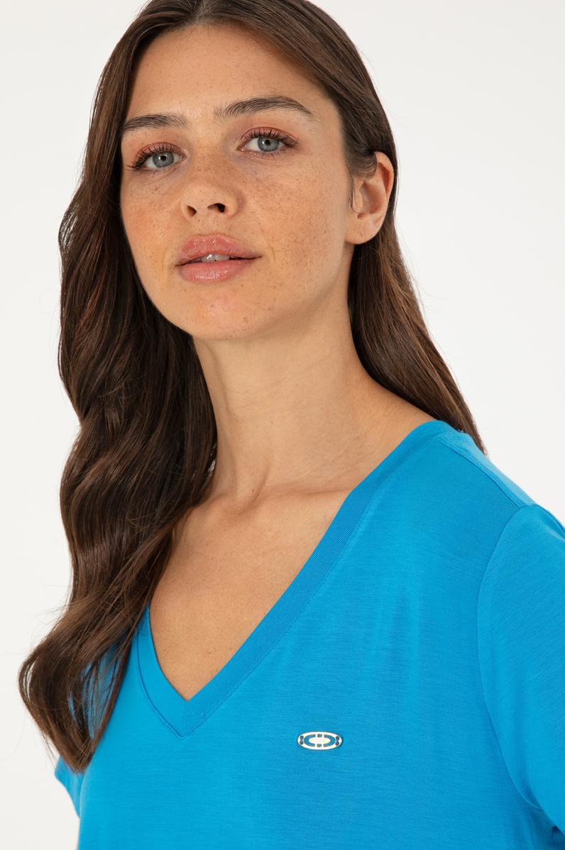 Kadın Saks V Yaka Basic Tişört