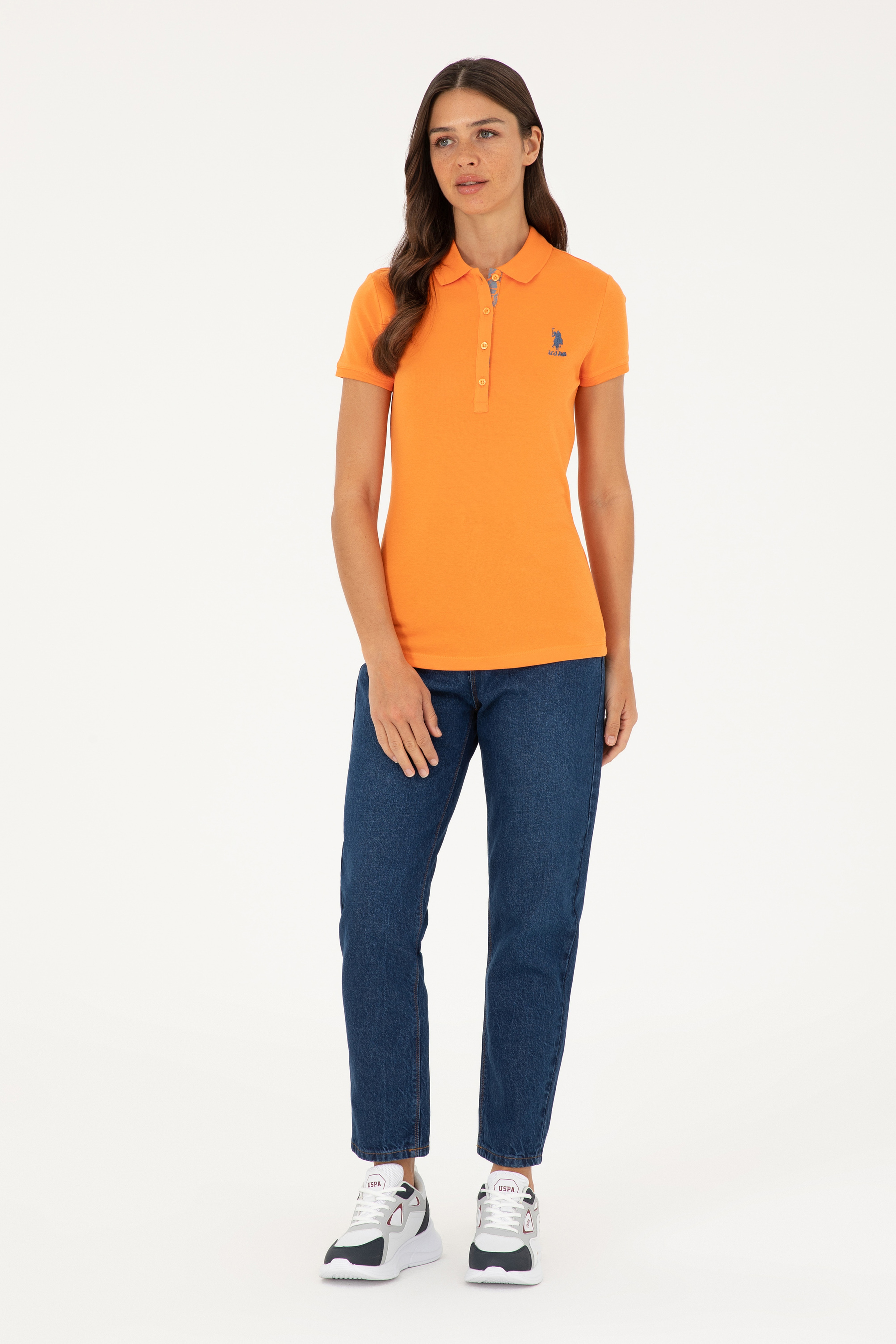 Kadın Turuncu Basic Polo Yaka Tişört - Image 4