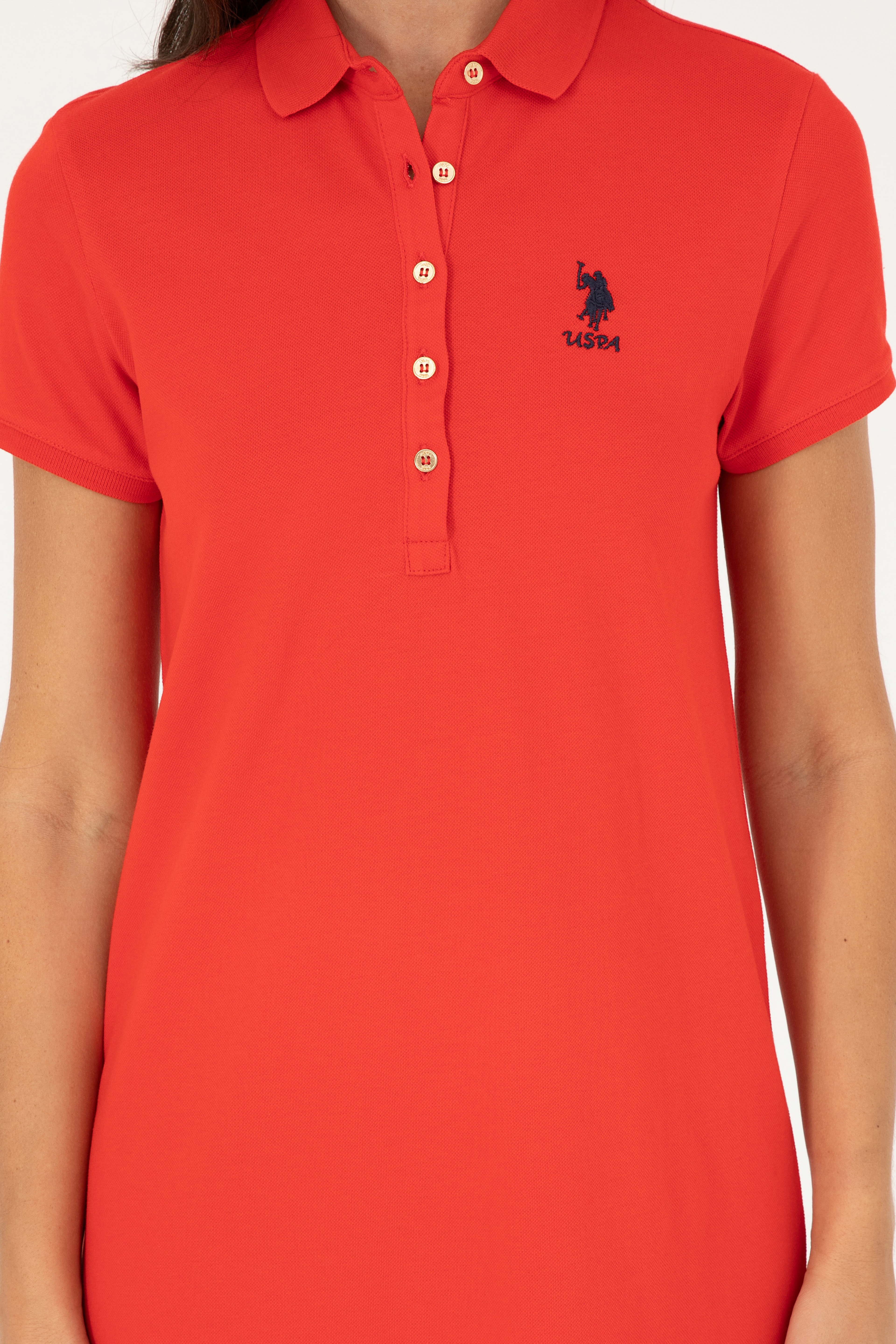 Kadın Kırmızı Polo Yaka Mini Boy Örme Elbise - Image 5