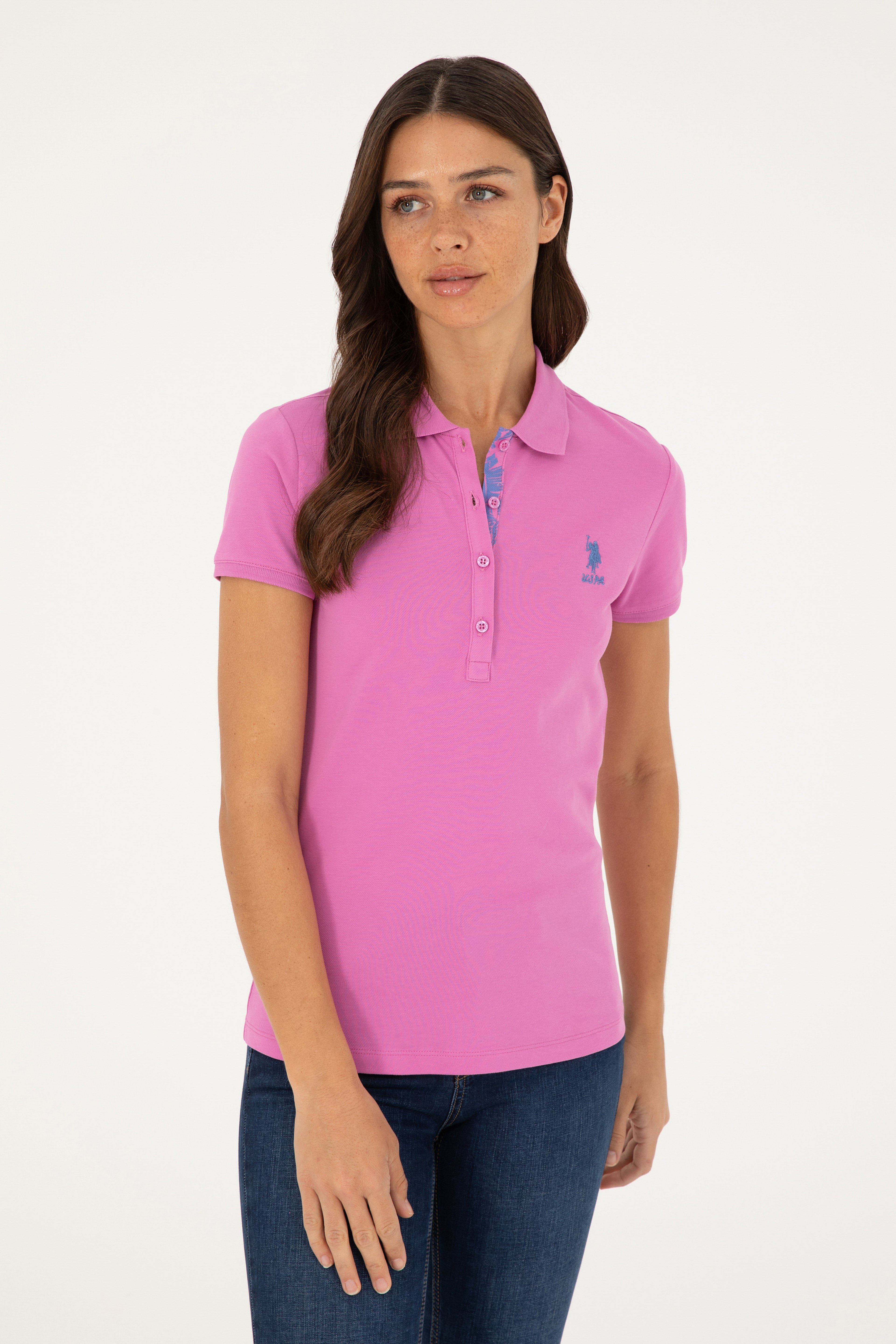 Kadın Pembe Basic Polo Yaka Tişört - Image 3