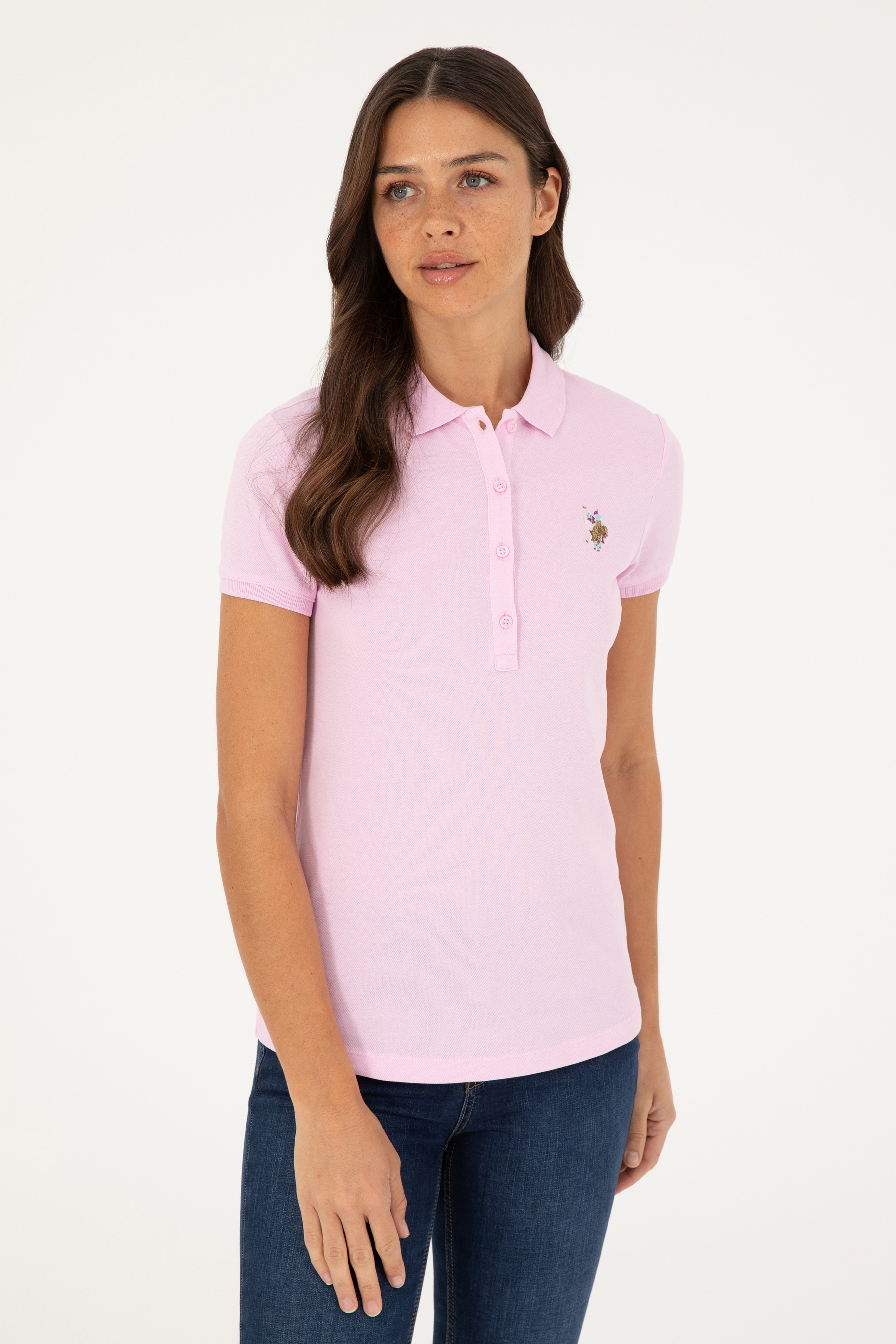 Kadın Pembe Polo Yaka Tişört - Image 3