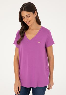 Kadın Mor V Yaka Basic Tişört - 50280019188