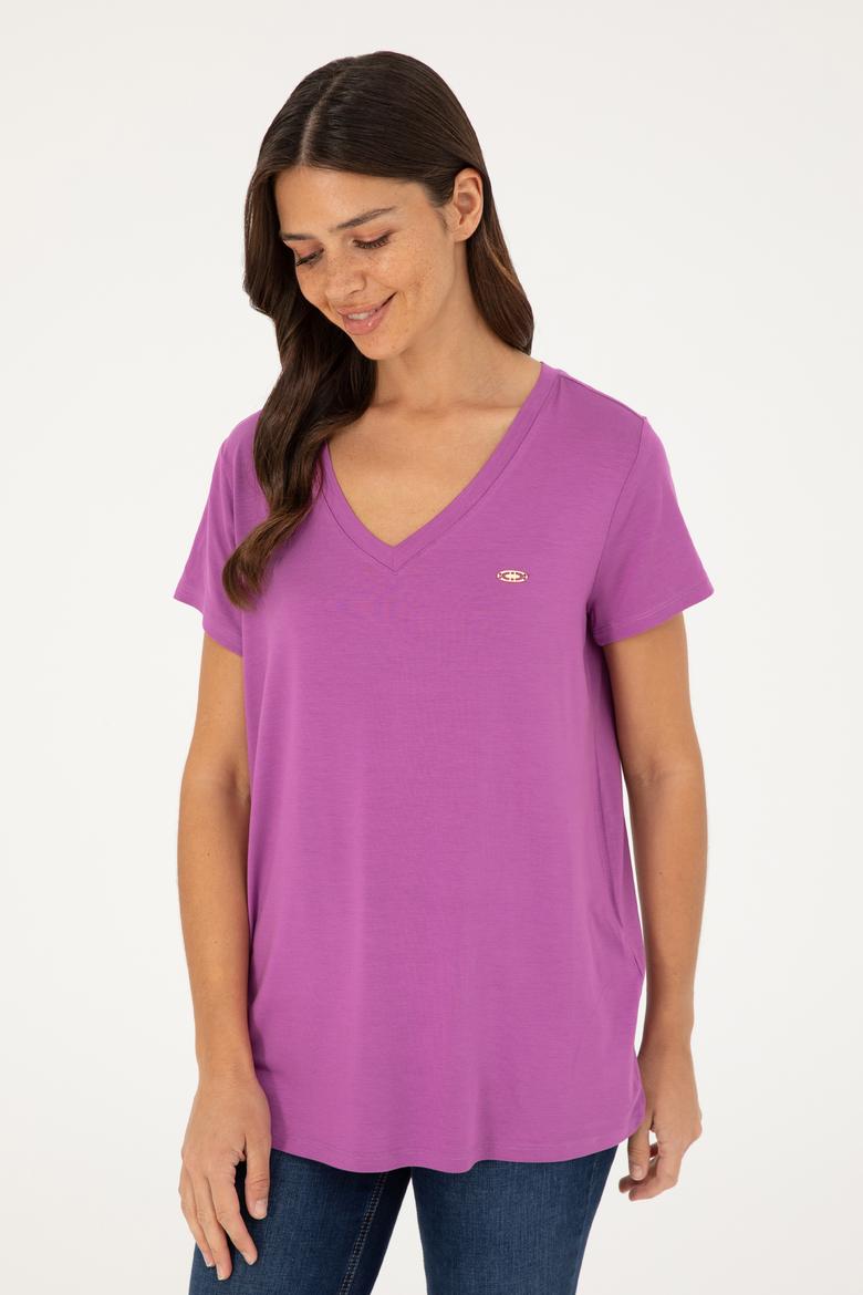 Kadın Mor V Yaka Basic Tişört - 50280019188