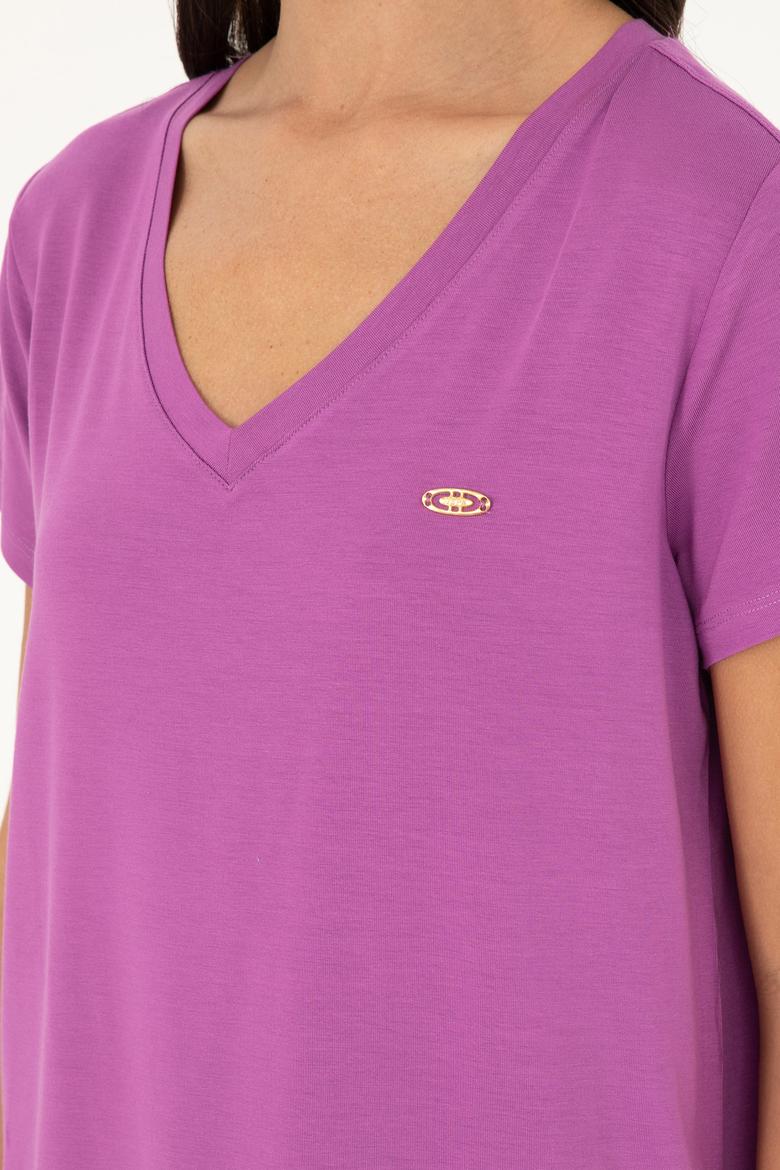 Kadın Mor V Yaka Basic Tişört - 50280019188
