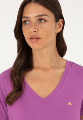 Kadın Mor V Yaka Basic Tişört - 50280019188