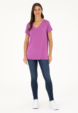 Kadın Mor V Yaka Basic Tişört - 50280019188