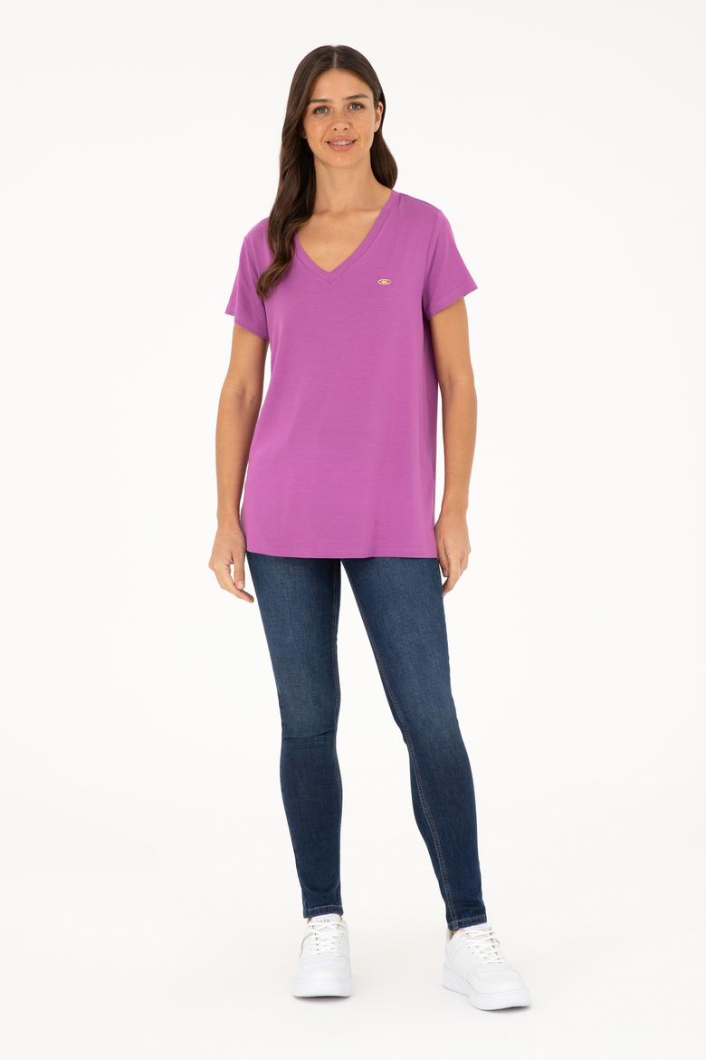 Kadın Mor V Yaka Basic Tişört - 50280019188