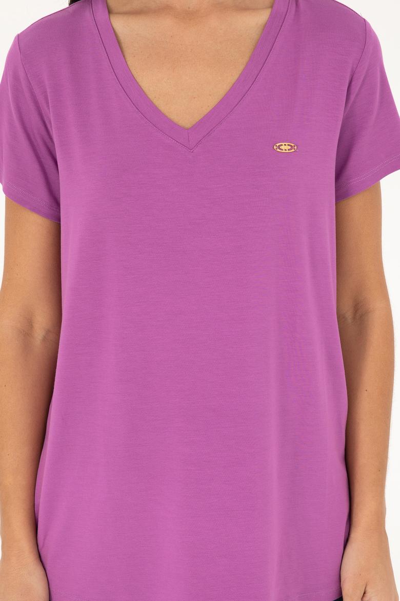 Kadın Mor V Yaka Basic Tişört - 50280019188