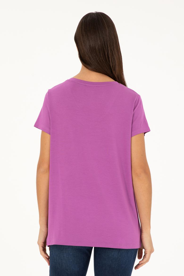 Kadın Mor V Yaka Basic Tişört - 50280019188