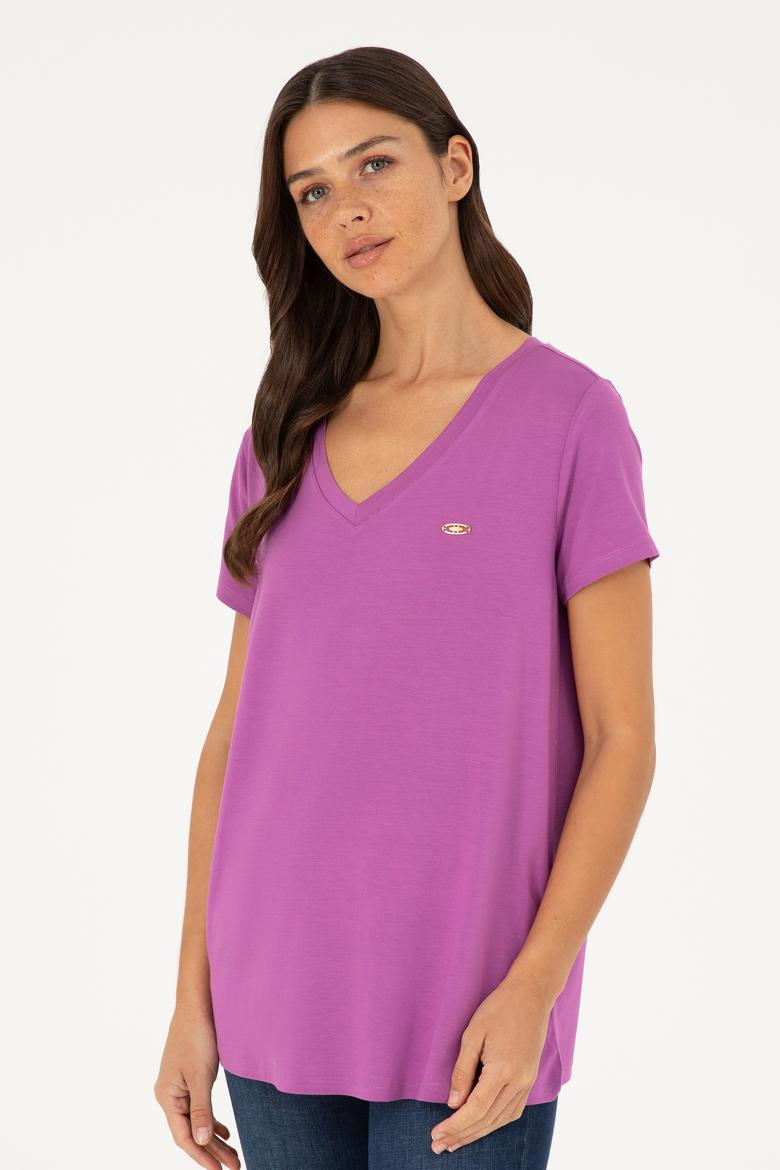 Kadın Mor V Yaka Basic Tişört