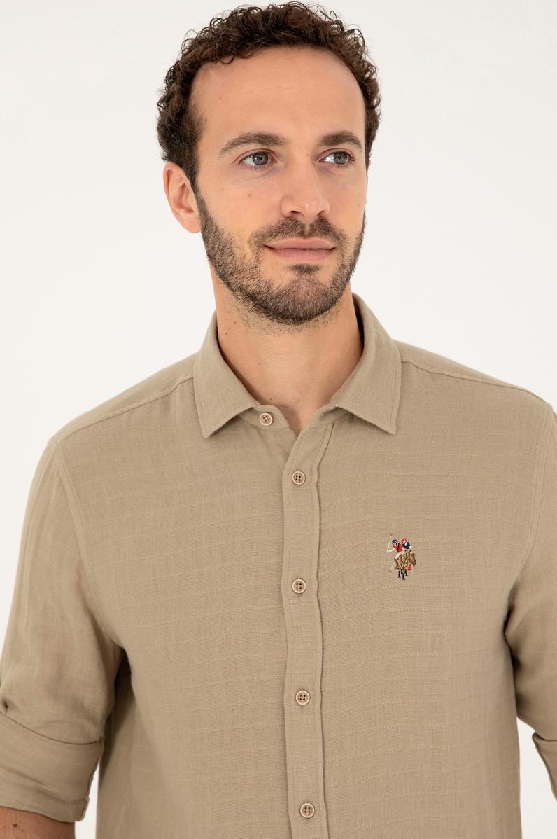 Erkek Açık Haki Uzun Kollu Gömlek