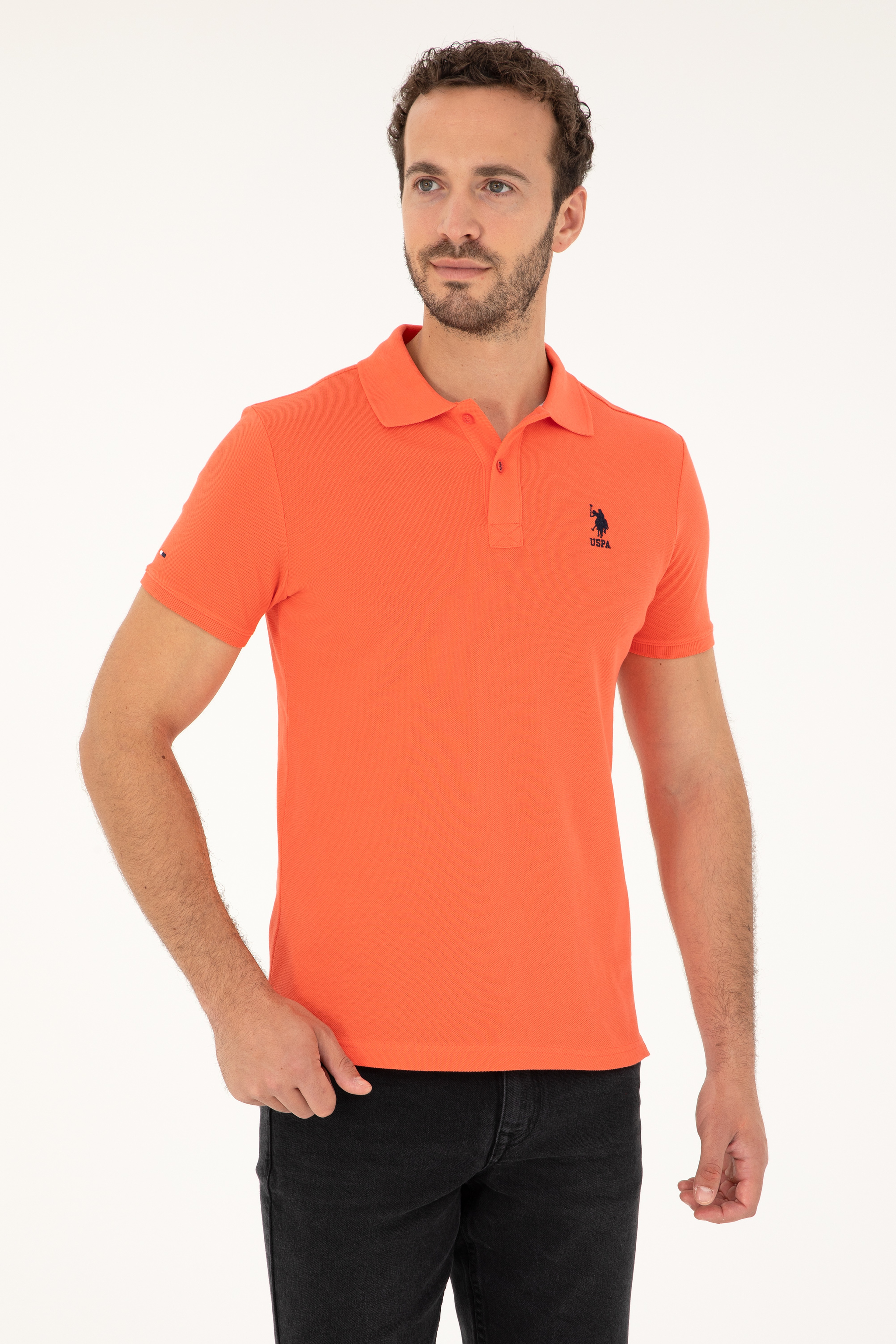 Erkek Slim Fit Polo Yaka Nar Çiçeği Basic Tişört - Image 1