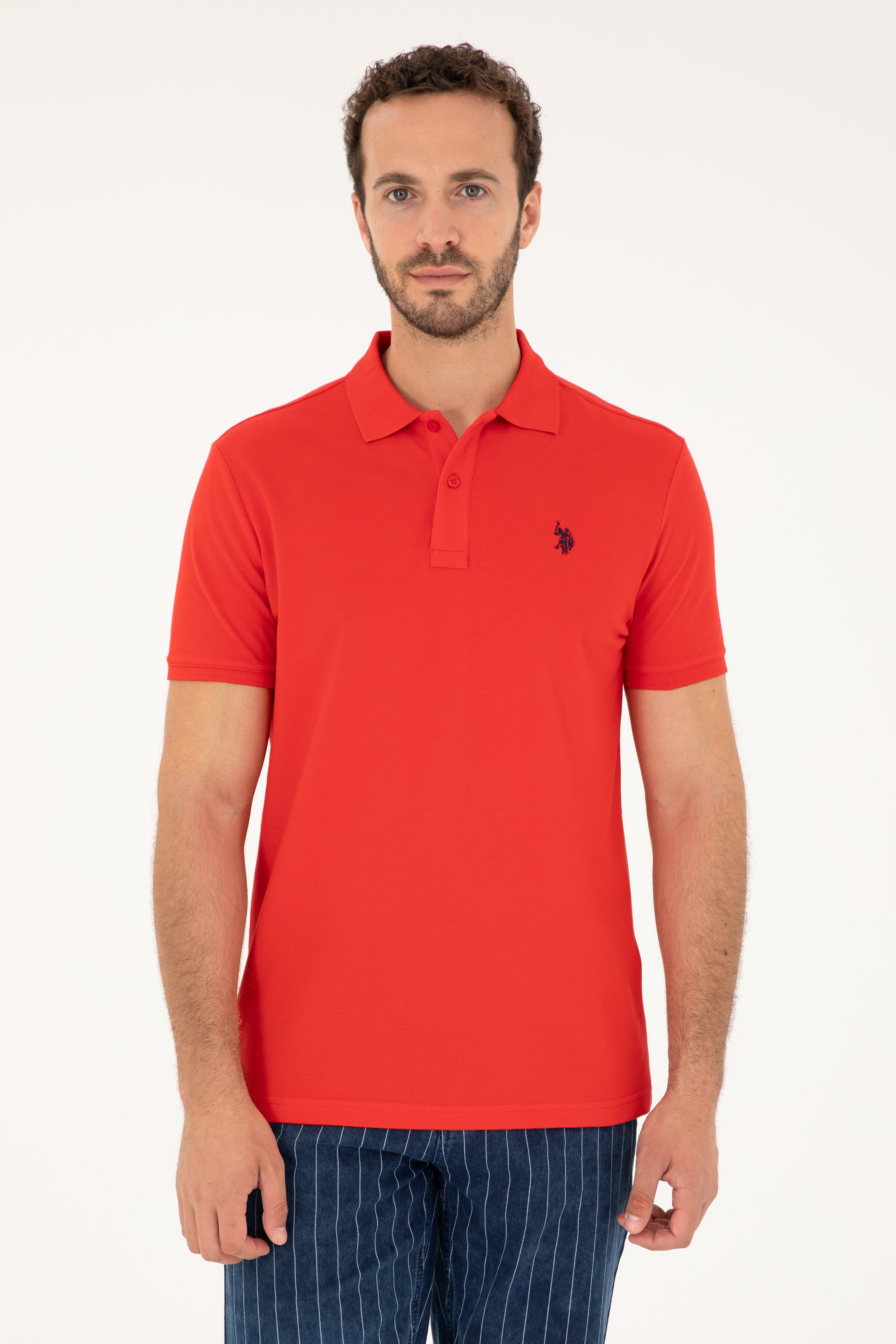 Erkek Slim Fit Polo Yaka Kırmızı Basic Tişört - Image 1