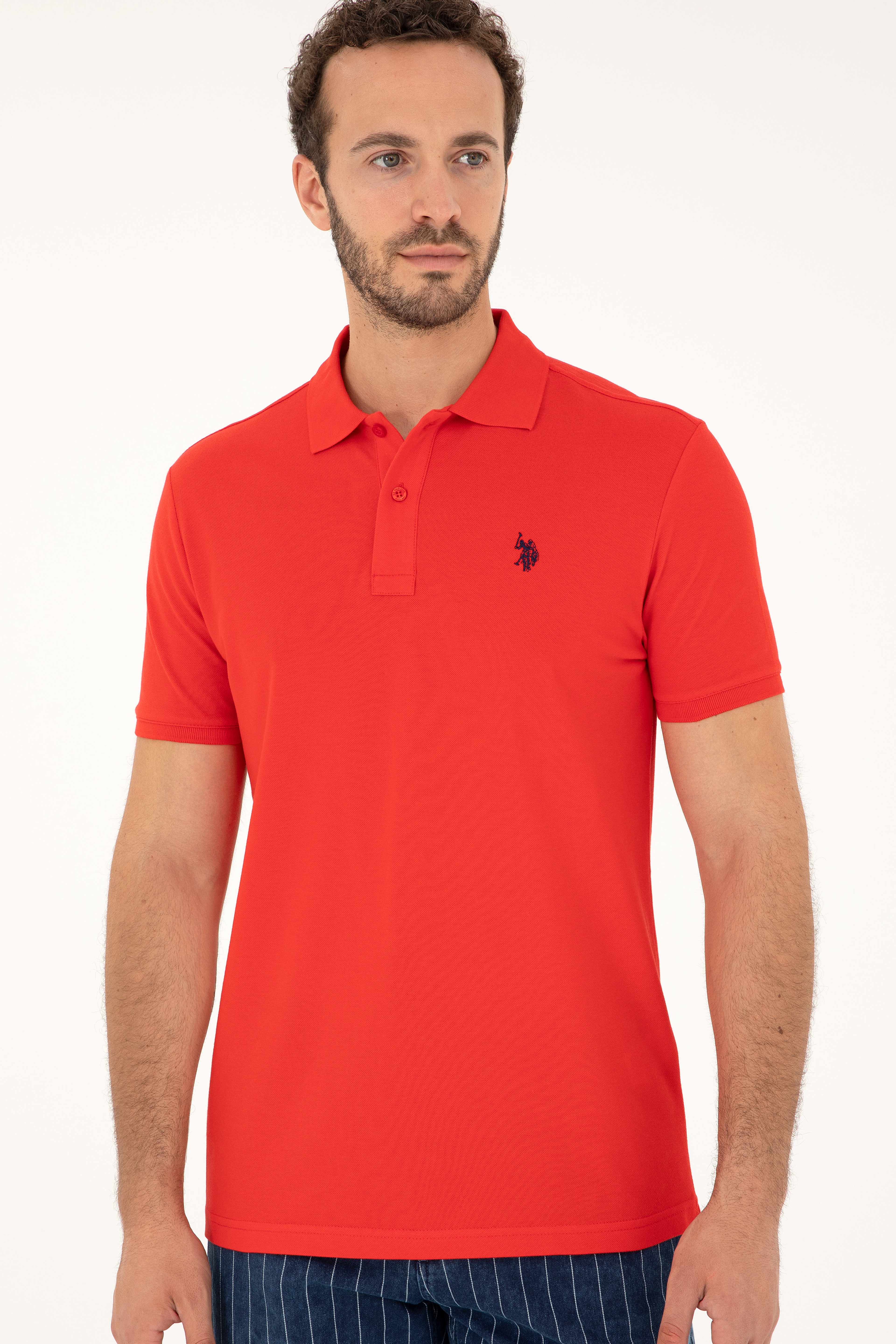 Erkek Slim Fit Polo Yaka Kırmızı Basic Tişört - Image 3