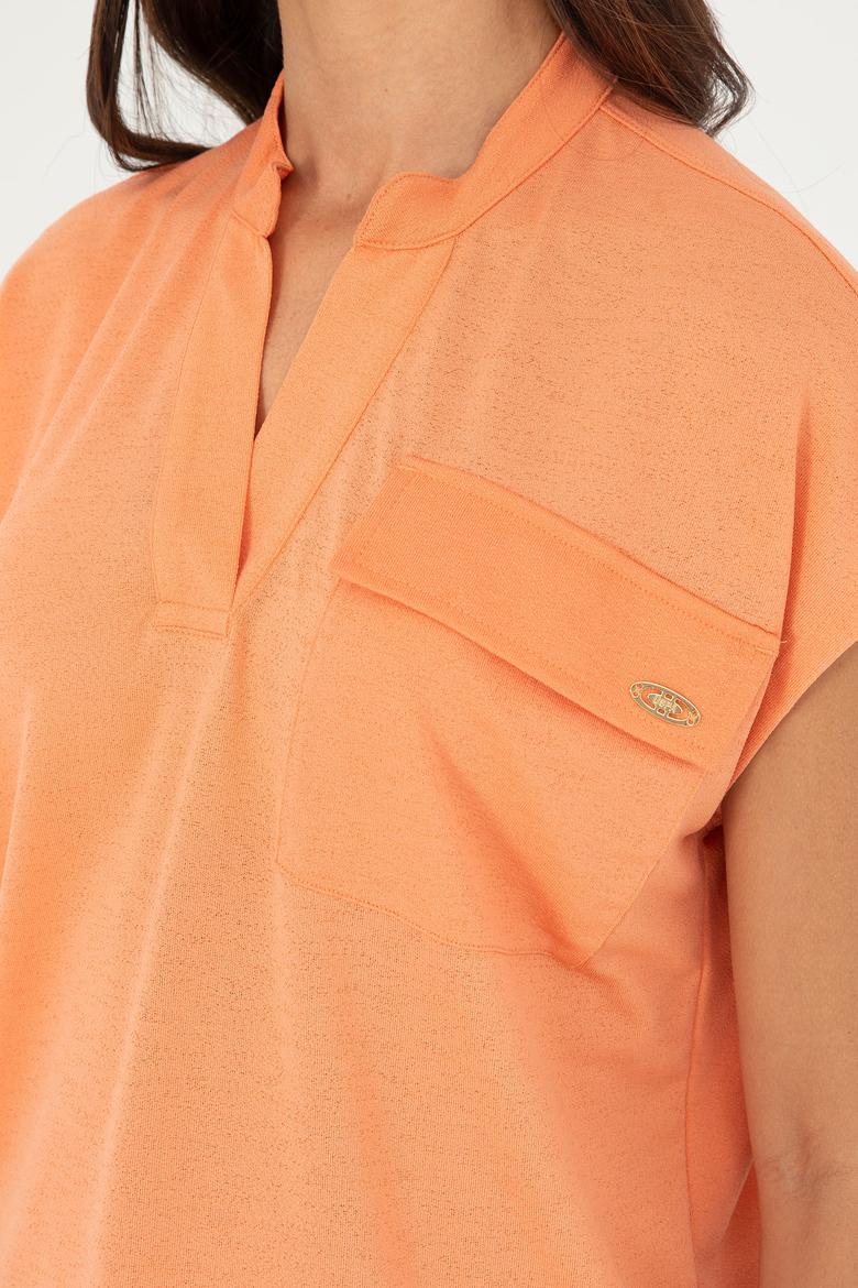 Kadın Somon Hakim Yaka Tişört - 50281814013