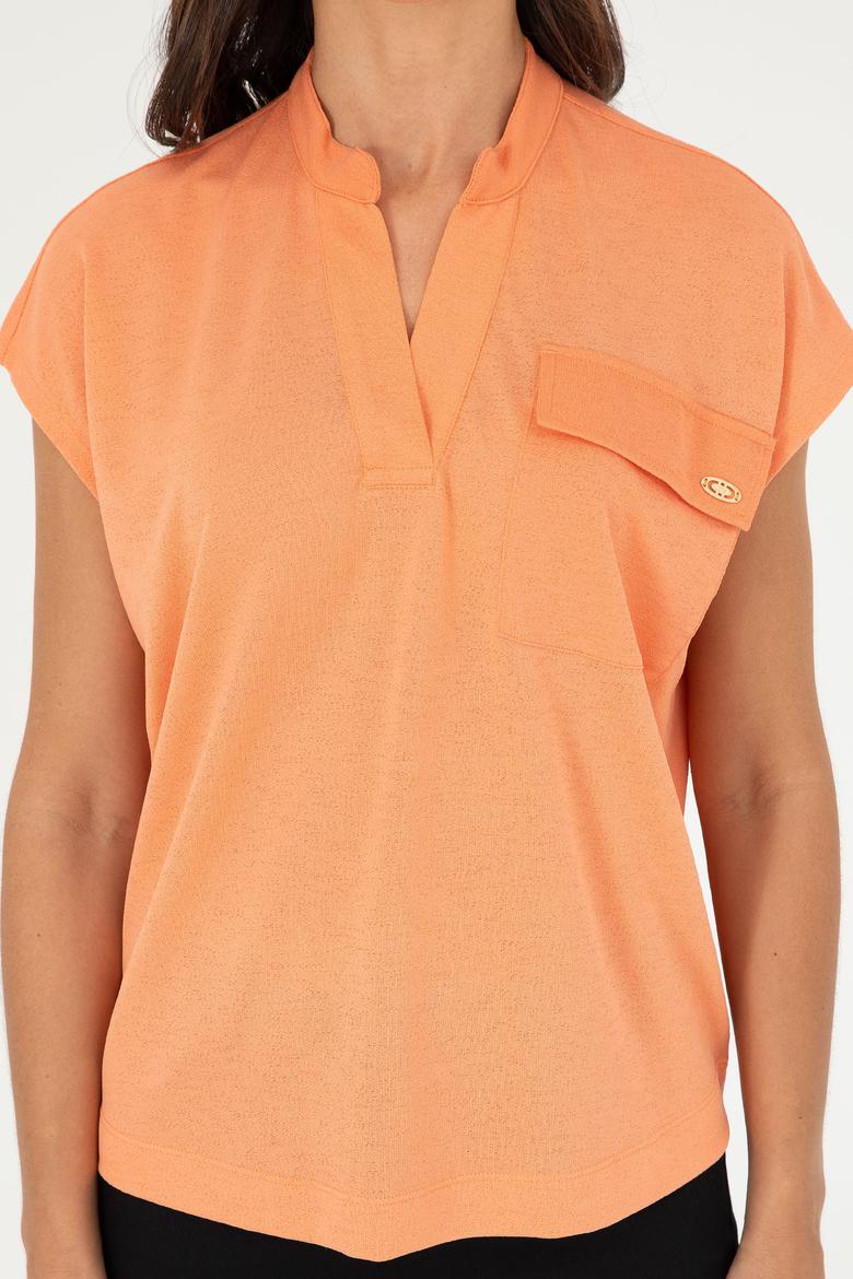 Kadın Somon Hakim Yaka Tişört - 50281814013